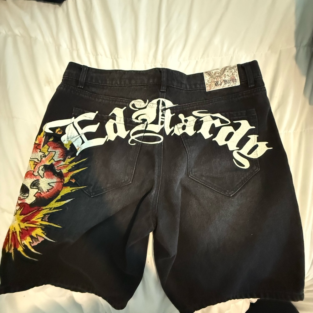 Ed Hardy Black Jean Shorts with Graphic Designs